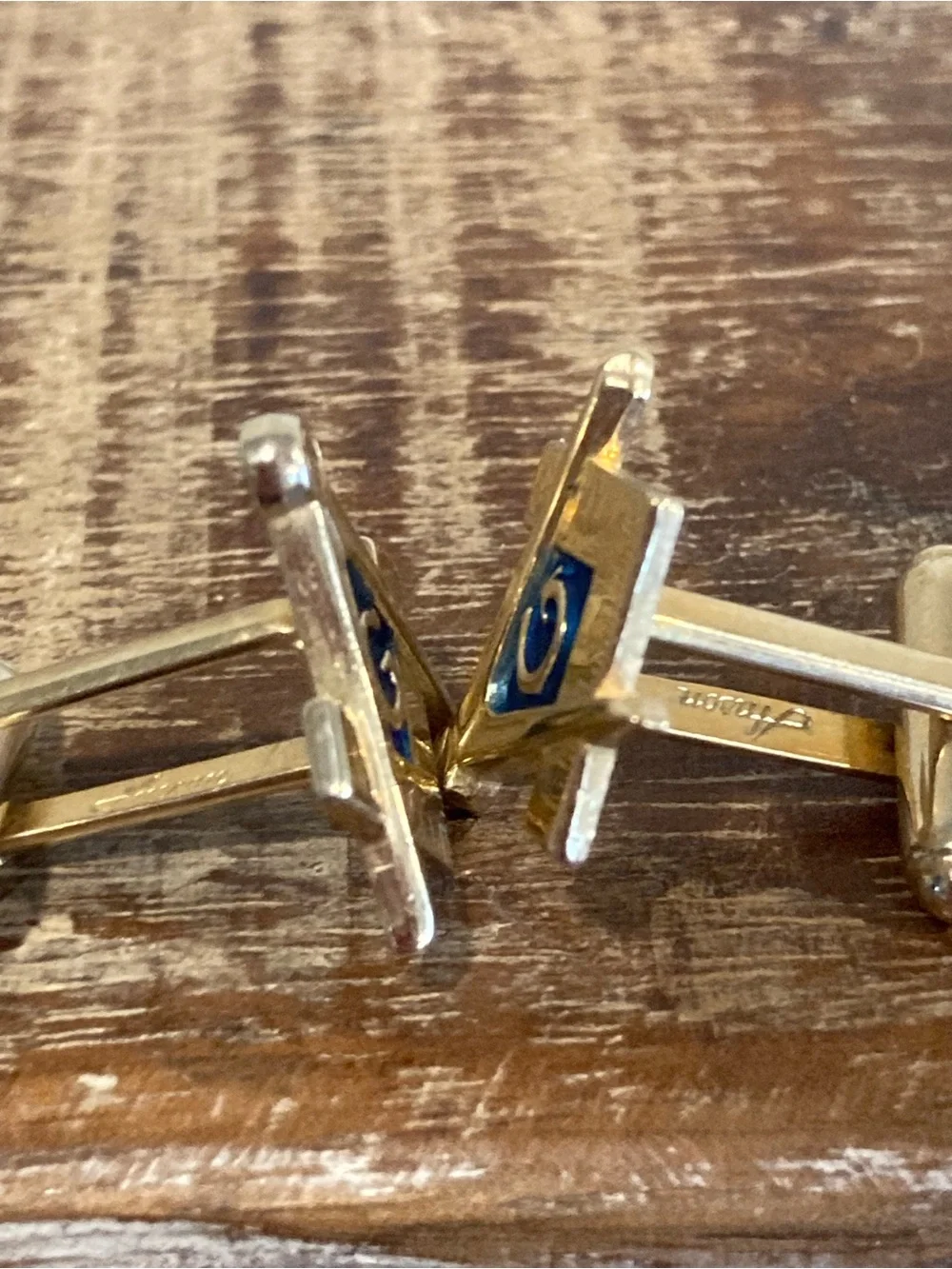 Vintage Masonic Square & Compass Cufflinks with Blue Enamel Gold Tone